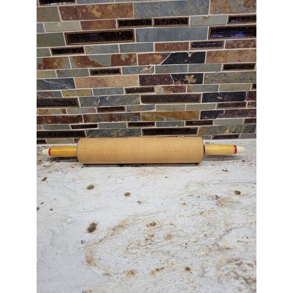 Vintage Wood Rolling Pin, Red Stripe White Handle Ends - Picture 2 of 4